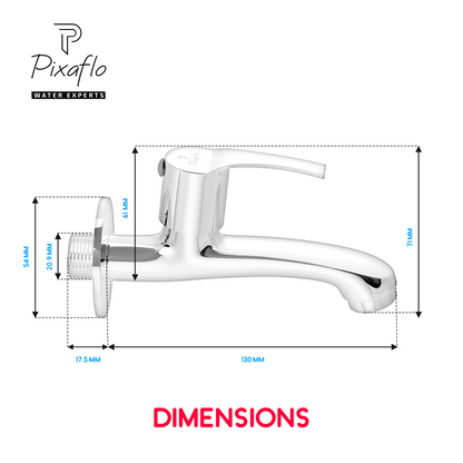 Pixaflo Sting Brass Long Body Bib Cock Tap with Wall Flange | Chrome