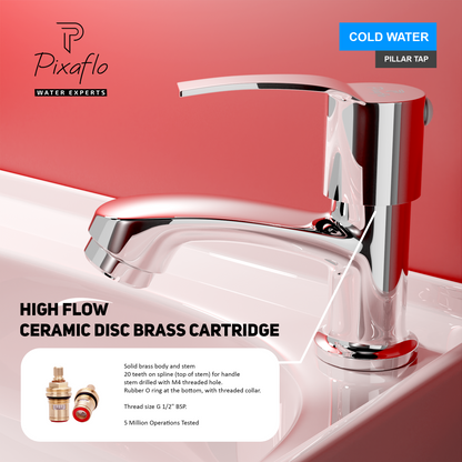 Pixaflo Sting Brass Pillar Tap for Wash Basin | Pillar Cock | Quarter-Turn | Ceramic Disc Cartridge | Foam Flow | Chrome Finish