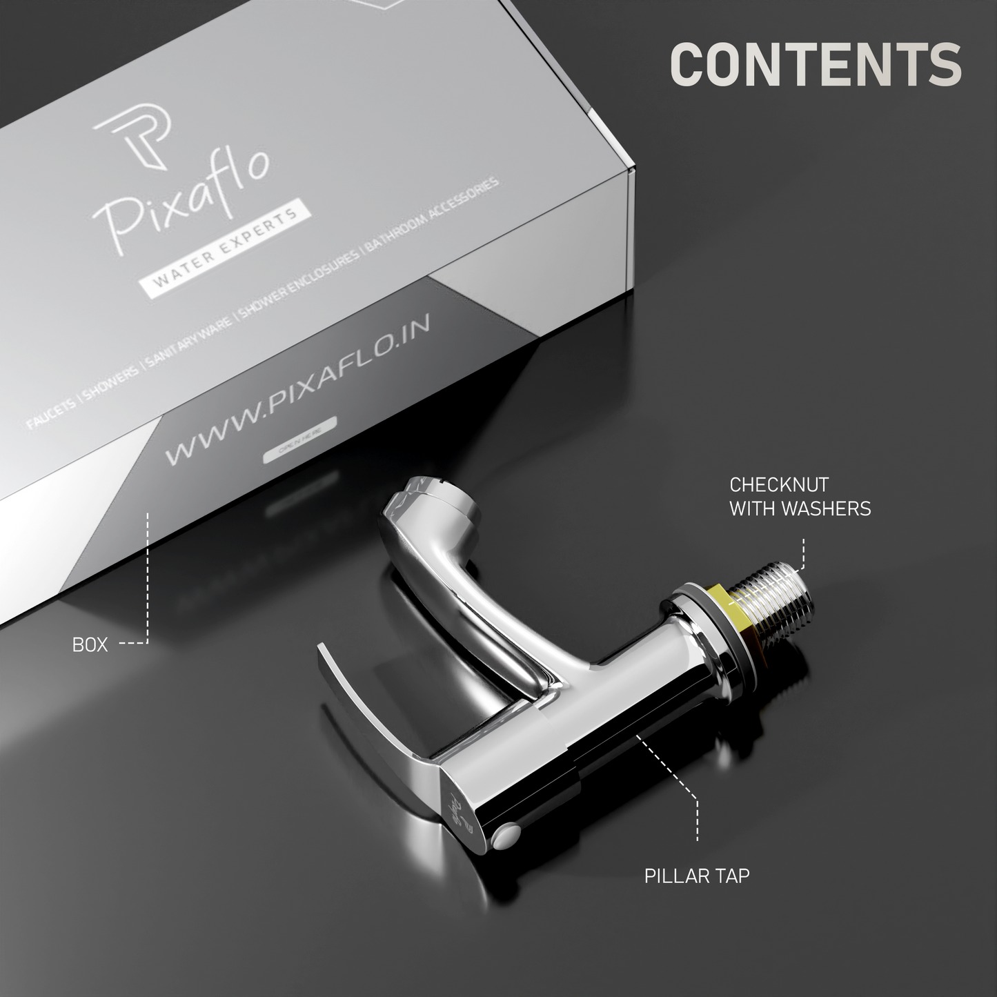 Pixaflo Sting Brass Pillar Tap for Wash Basin | Pillar Cock | Quarter-Turn | Ceramic Disc Cartridge | Foam Flow | Chrome Finish