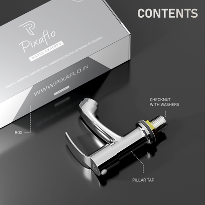 Pixaflo Sting Brass Pillar Tap for Wash Basin | Pillar Cock | Quarter-Turn | Ceramic Disc Cartridge | Foam Flow | Chrome Finish