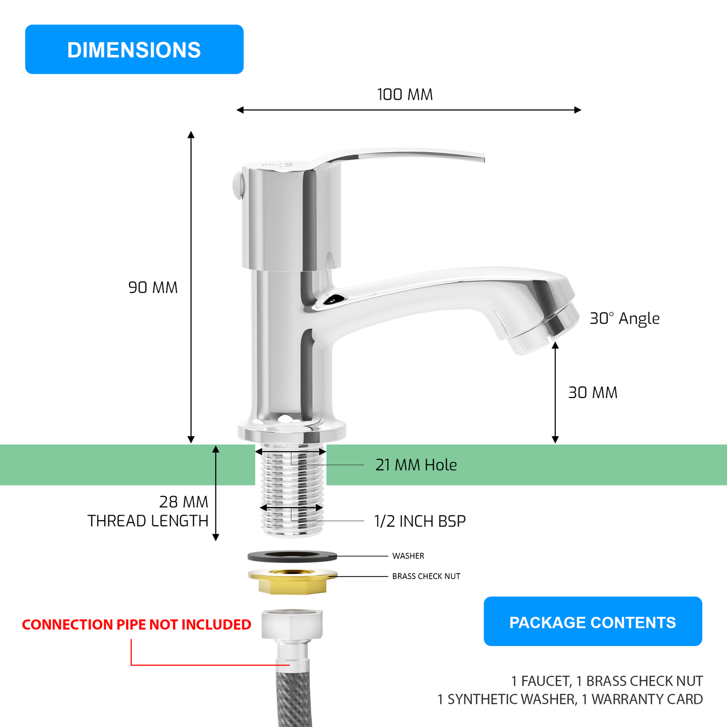 Pixaflo Sting Brass Pillar Tap for Wash Basin | Pillar Cock | Quarter-Turn | Ceramic Disc Cartridge | Foam Flow | Chrome Finish