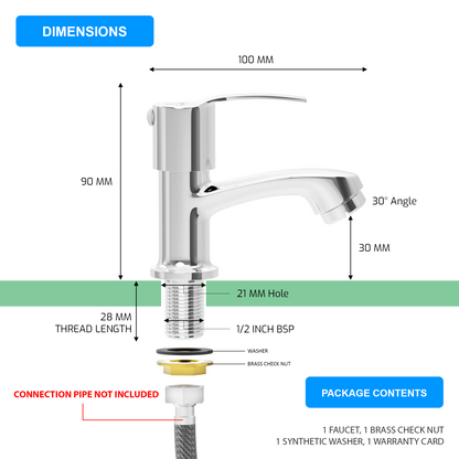 Pixaflo Sting Brass Pillar Tap for Wash Basin | Pillar Cock | Quarter-Turn | Ceramic Disc Cartridge | Foam Flow | Chrome Finish