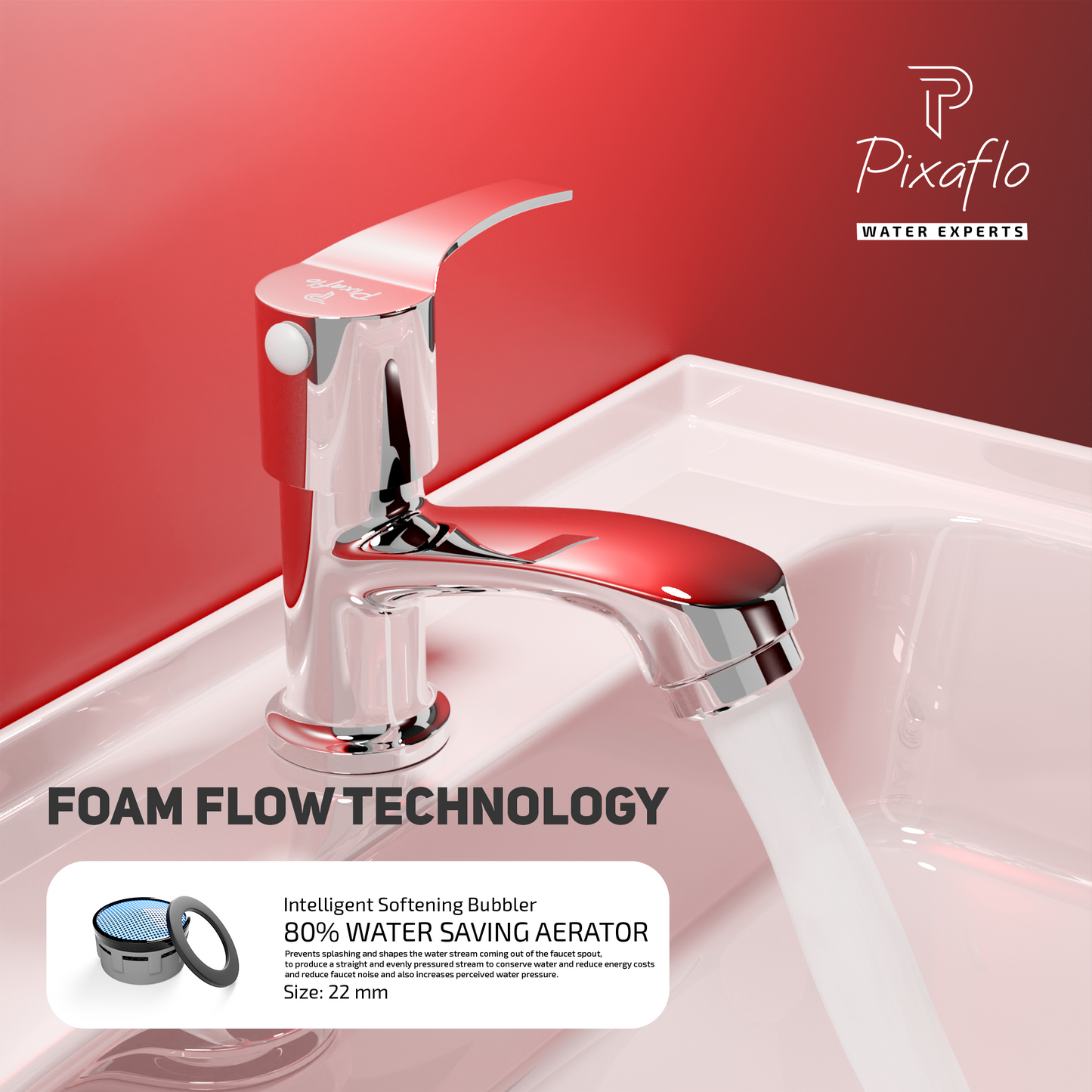 Pixaflo Sting Brass Pillar Tap for Wash Basin | Pillar Cock | Quarter-Turn | Ceramic Disc Cartridge | Foam Flow | Chrome Finish
