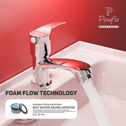 Pixaflo Sting Brass Pillar Tap for Wash Basin | Pillar Cock | Quarter-Turn | Ceramic Disc Cartridge | Foam Flow | Chrome Finish