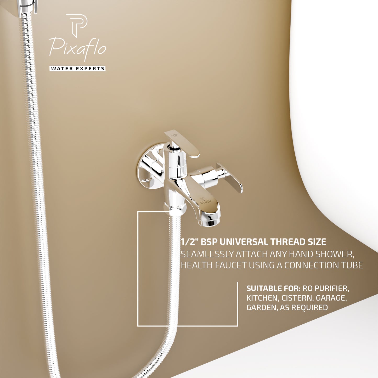 Pixaflo Moonstone Brass 2 Way Bib Cock Tap | 2 in 1 Wall Mounted Faucet with Wall Flange | Chrome Finish