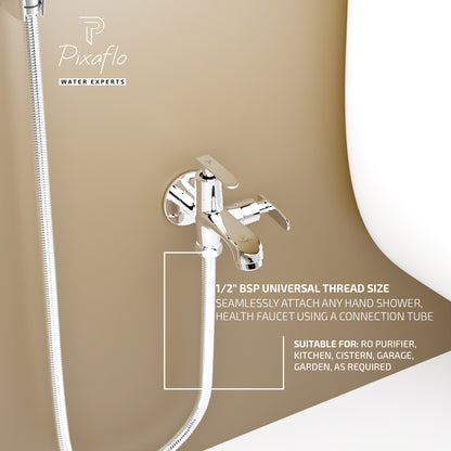 Pixaflo Moonstone Brass 2 Way Bib Cock Tap | 2 in 1 Wall Mounted Faucet with Wall Flange | Chrome Finish