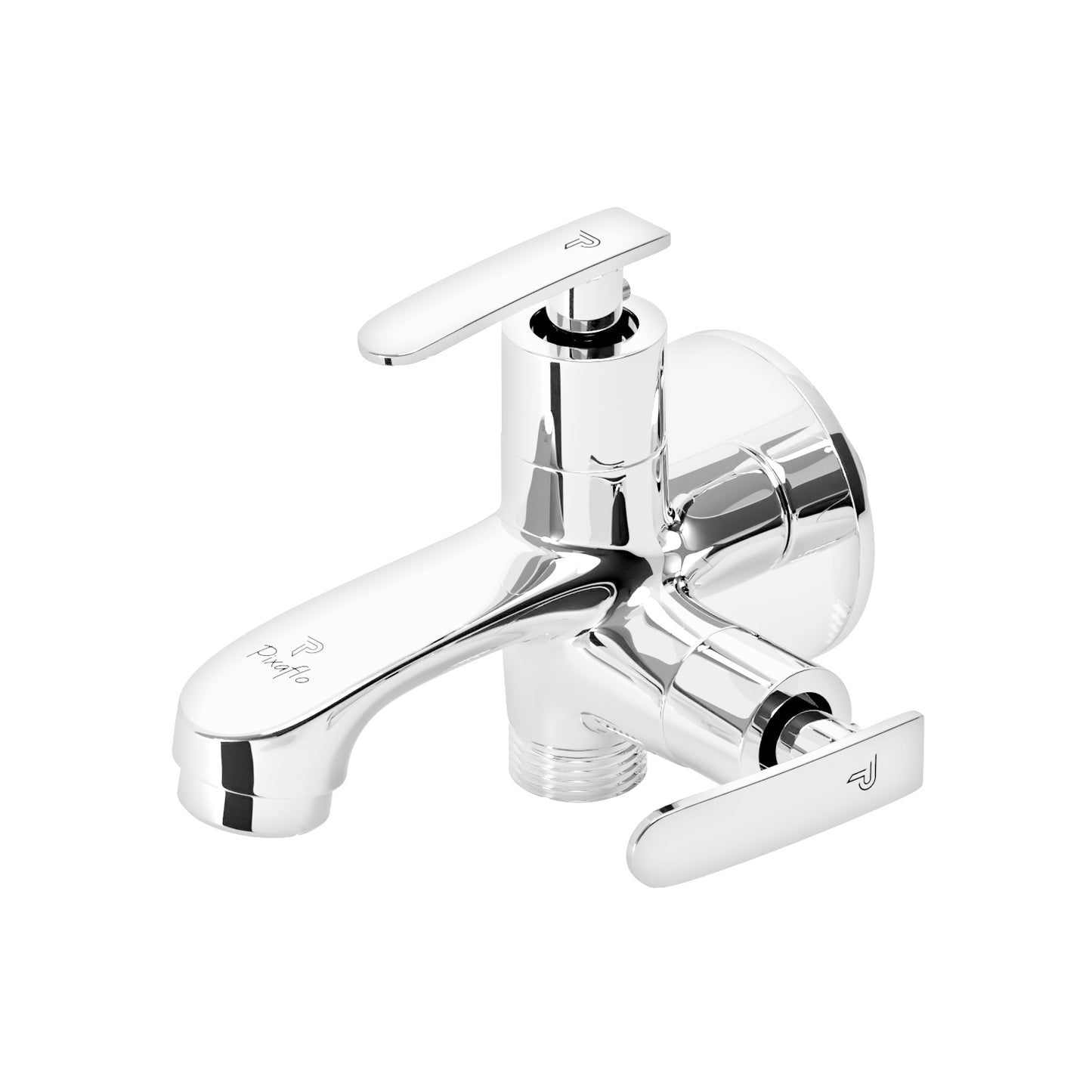Pixaflo Moonstone Brass 2 Way Bib Cock Tap | 2 in 1 Wall Mounted Faucet with Wall Flange | Chrome Finish