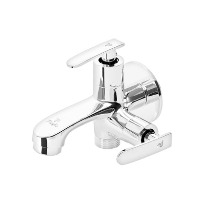 Pixaflo Moonstone Brass 2 Way Bib Cock Tap | 2 in 1 Wall Mounted Faucet with Wall Flange | Chrome Finish