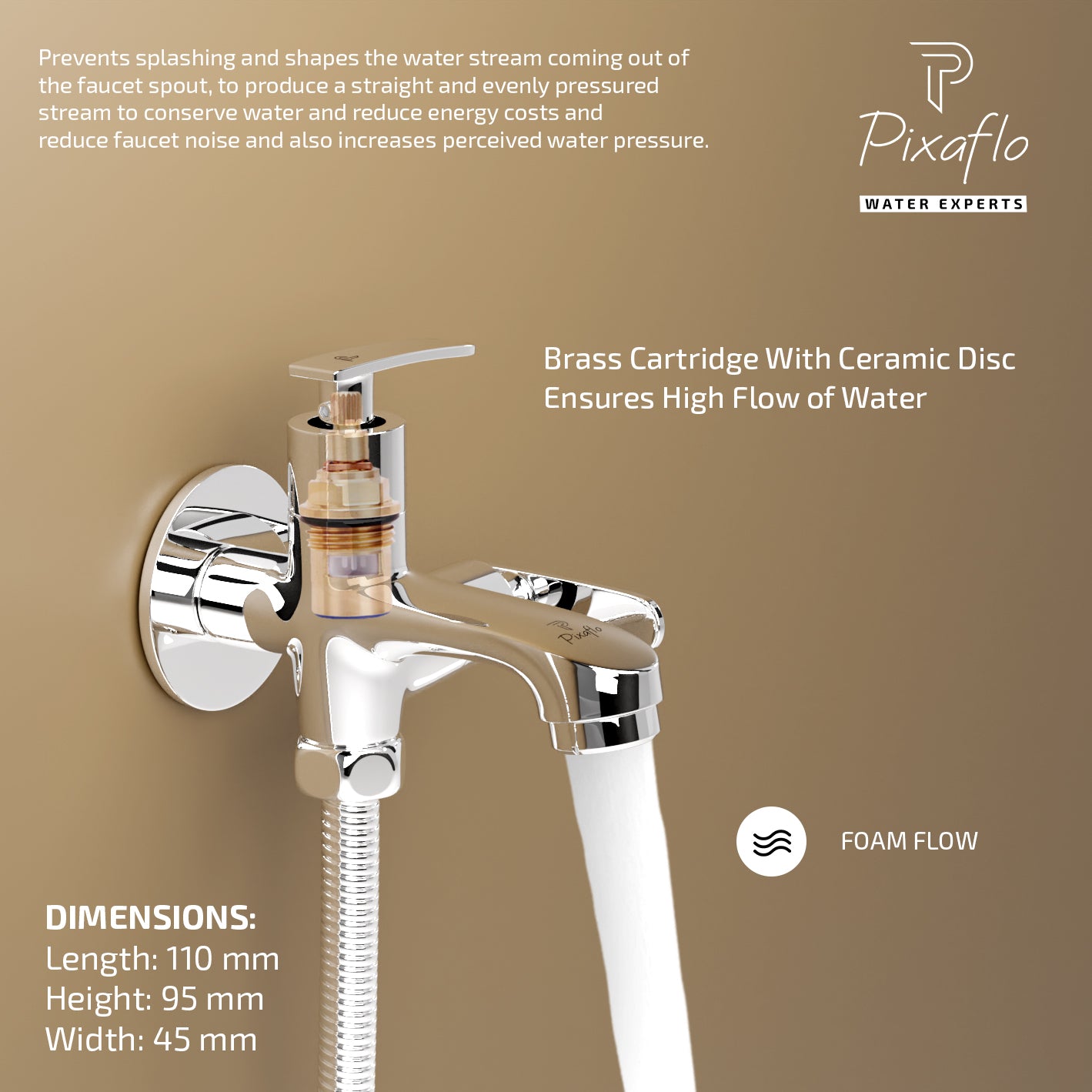 Pixaflo Moonstone Brass 2 Way Bib Cock Tap | 2 in 1 Wall Mounted Faucet with Wall Flange | Chrome Finish