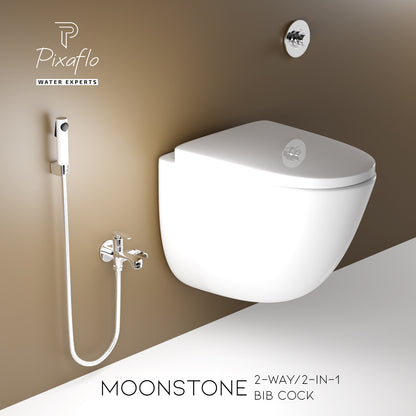 Pixaflo Moonstone Brass 2 Way Bib Cock Tap | 2 in 1 Wall Mounted Faucet with Wall Flange | Chrome Finish