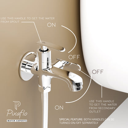 Pixaflo Moonstone Brass 2 Way Bib Cock Tap | 2 in 1 Wall Mounted Faucet with Wall Flange | Chrome Finish