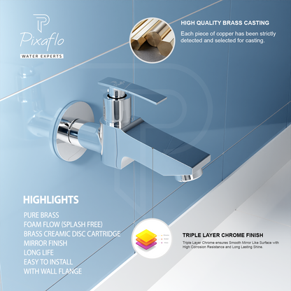 Pixaflo Hydric-N Brass Long Body Bib Cock Tap with Wall Flange Combo | Chrome | Pack of 2