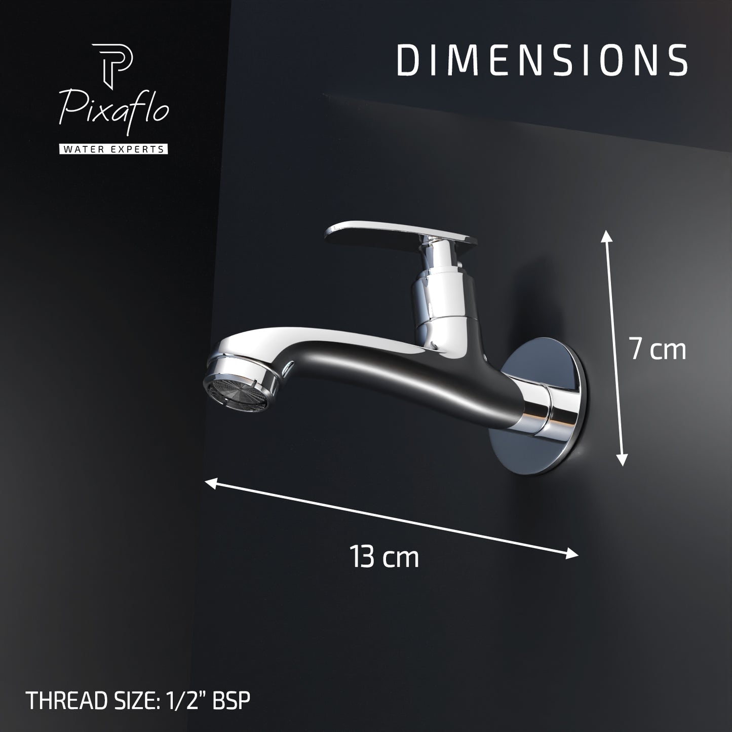 Pixaflo Moonstone Brass Long Body Bib Cock Tap with Wall Flange | Chrome