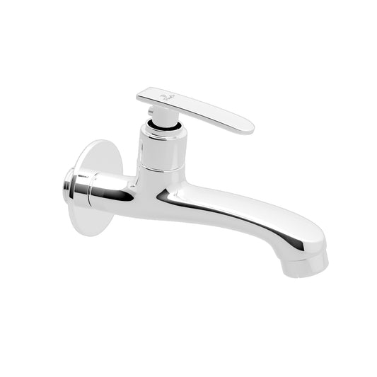 Pixaflo Moonstone Brass Long Body Bib Cock Tap with Wall Flange | Chrome