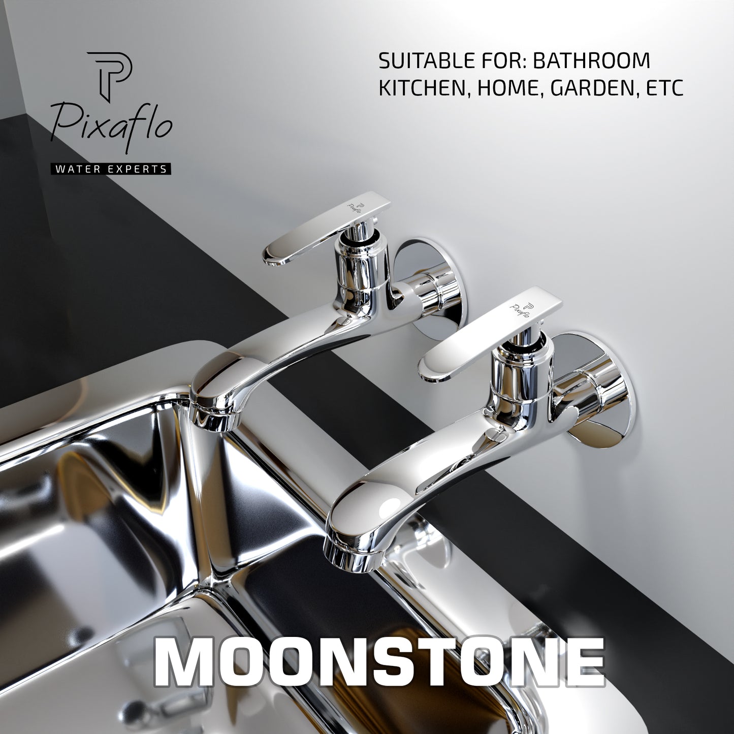 Pixaflo Moonstone Brass Long Body Bib Cock Tap with Wall Flange | Chrome