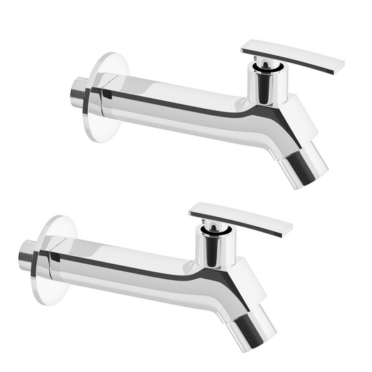Pixaflo META-N Brass Long Body Bib Cock Tap with Wall Flange Combo | Chrome | Pack of 2