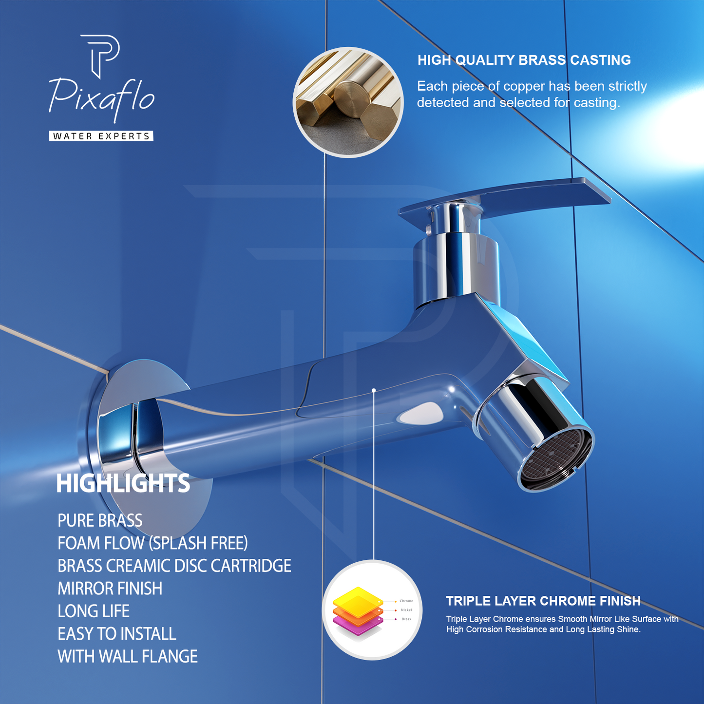 Pixaflo META-N Brass Long Body Bib Cock Tap with Wall Flange Combo | Chrome | Pack of 2