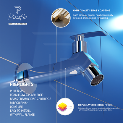 Pixaflo META-N Brass Long Body Bib Cock Tap with Wall Flange | Chrome