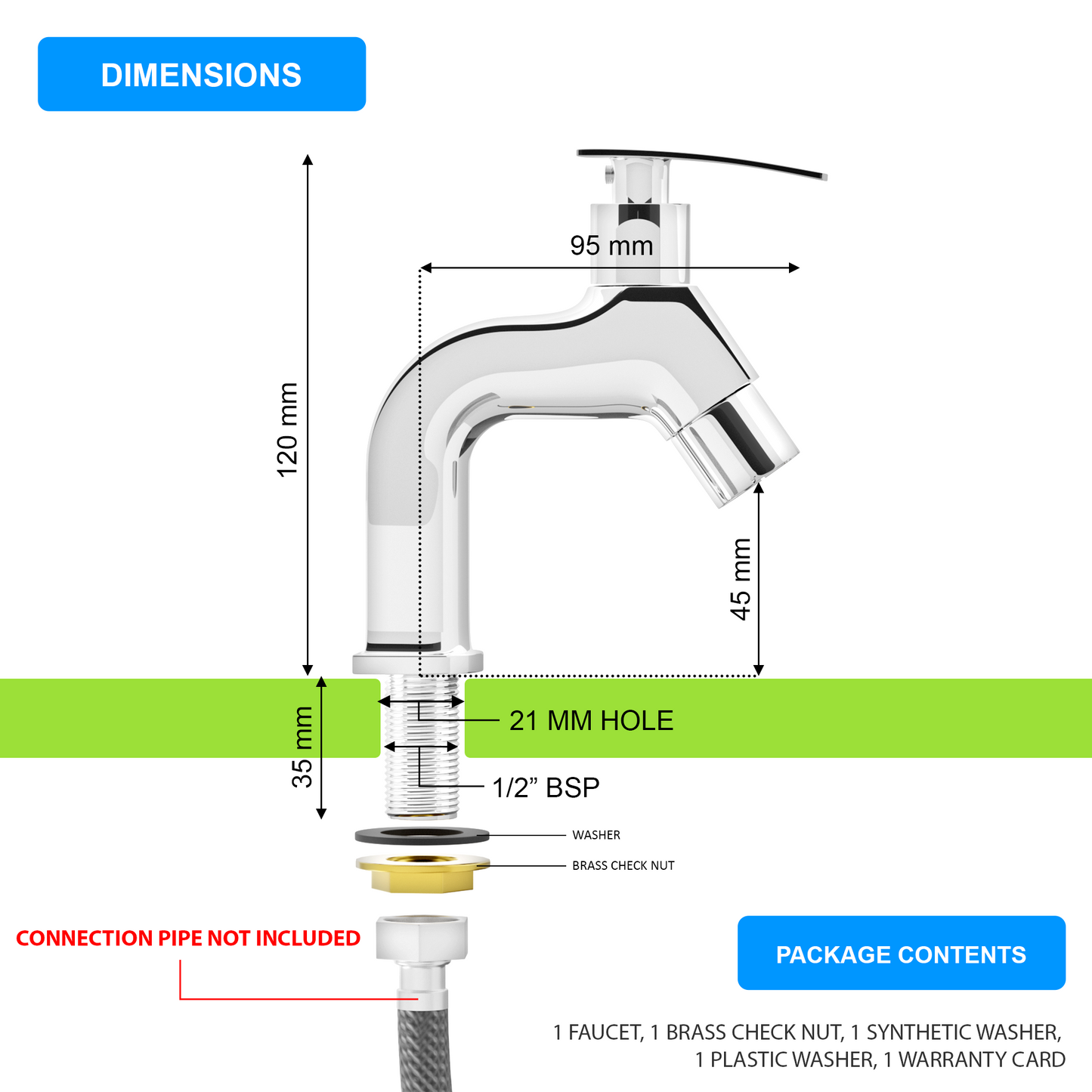 Pixaflo META-N Brass Pillar Tap for Wash Basin | Pillar Cock | Quarter-Turn | Ceramic Disc Cartridge | Foam Flow | Chrome Finish