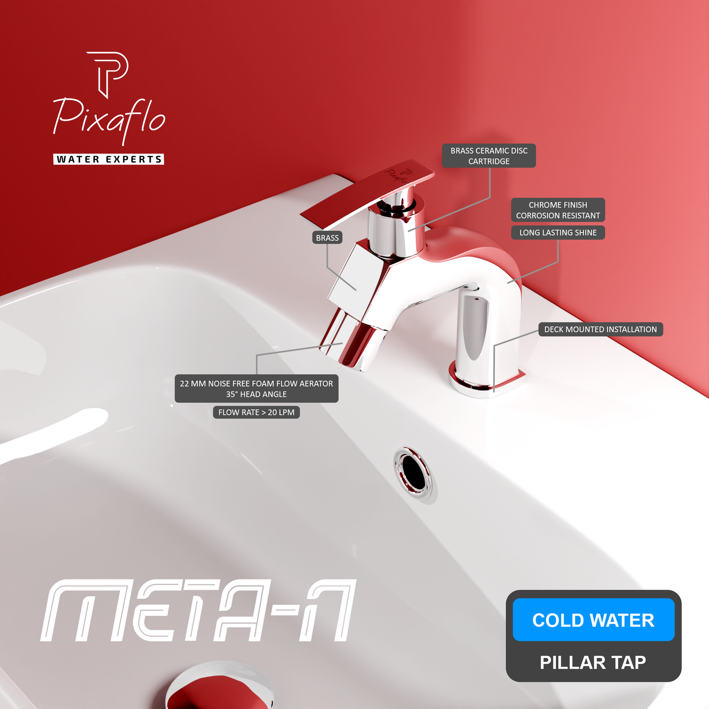 Pixaflo META-N Brass Pillar Tap for Wash Basin | Pillar Cock | Quarter-Turn | Ceramic Disc Cartridge | Foam Flow | Chrome Finish