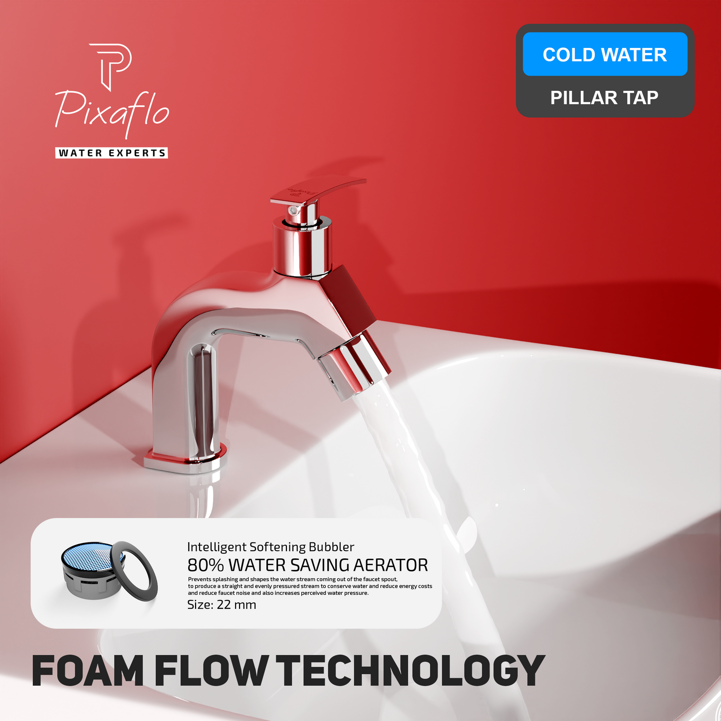 Pixaflo META-N Brass Pillar Tap for Wash Basin | Pillar Cock | Quarter-Turn | Ceramic Disc Cartridge | Foam Flow | Chrome Finish