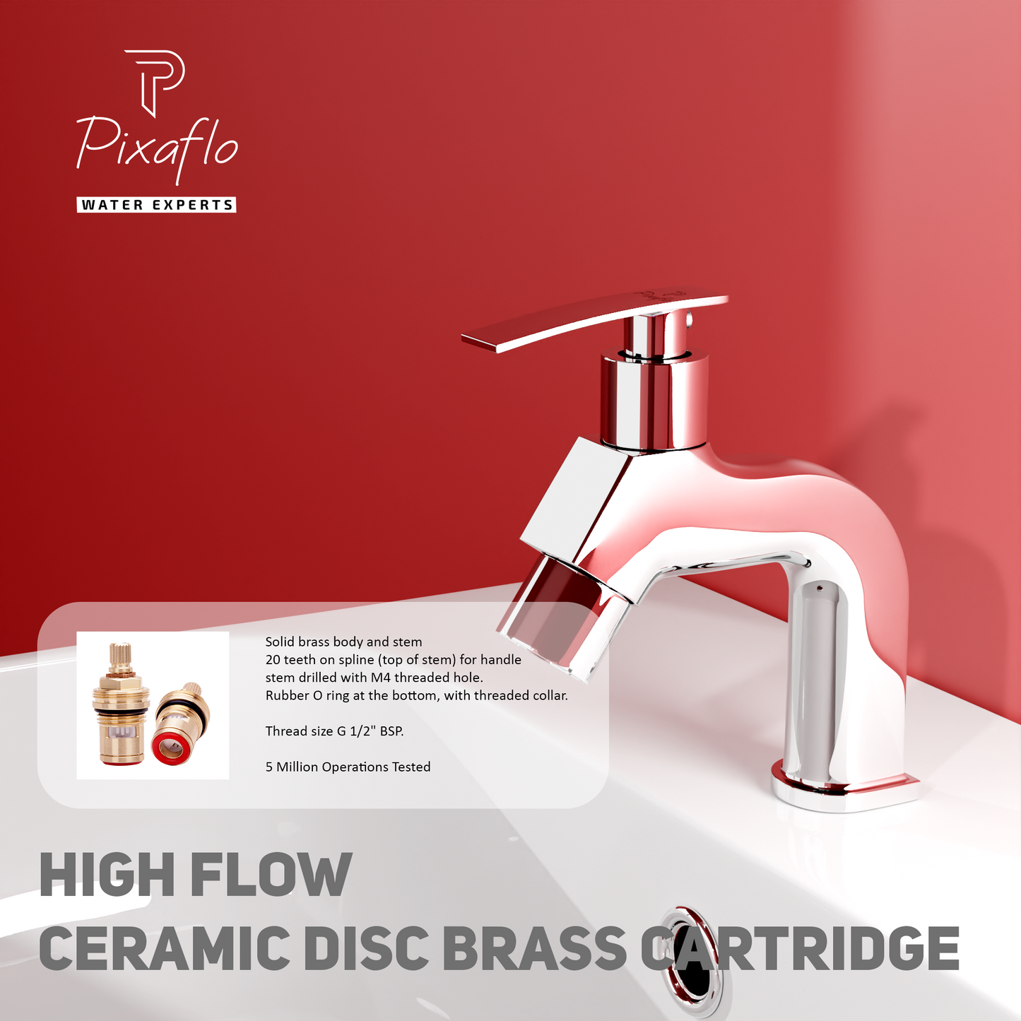 Pixaflo META-N Brass Pillar Tap for Wash Basin | Pillar Cock | Quarter-Turn | Ceramic Disc Cartridge | Foam Flow | Chrome Finish