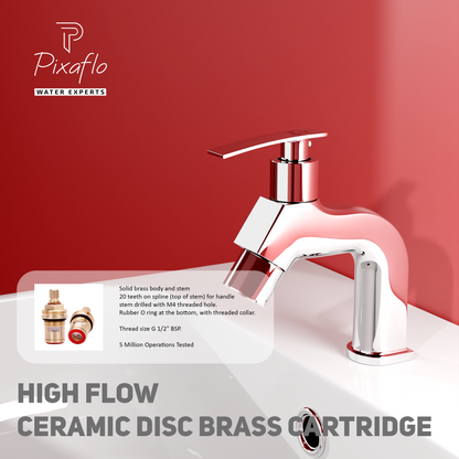 Pixaflo META-N Brass Pillar Tap for Wash Basin | Pillar Cock | Quarter-Turn | Ceramic Disc Cartridge | Foam Flow | Chrome Finish