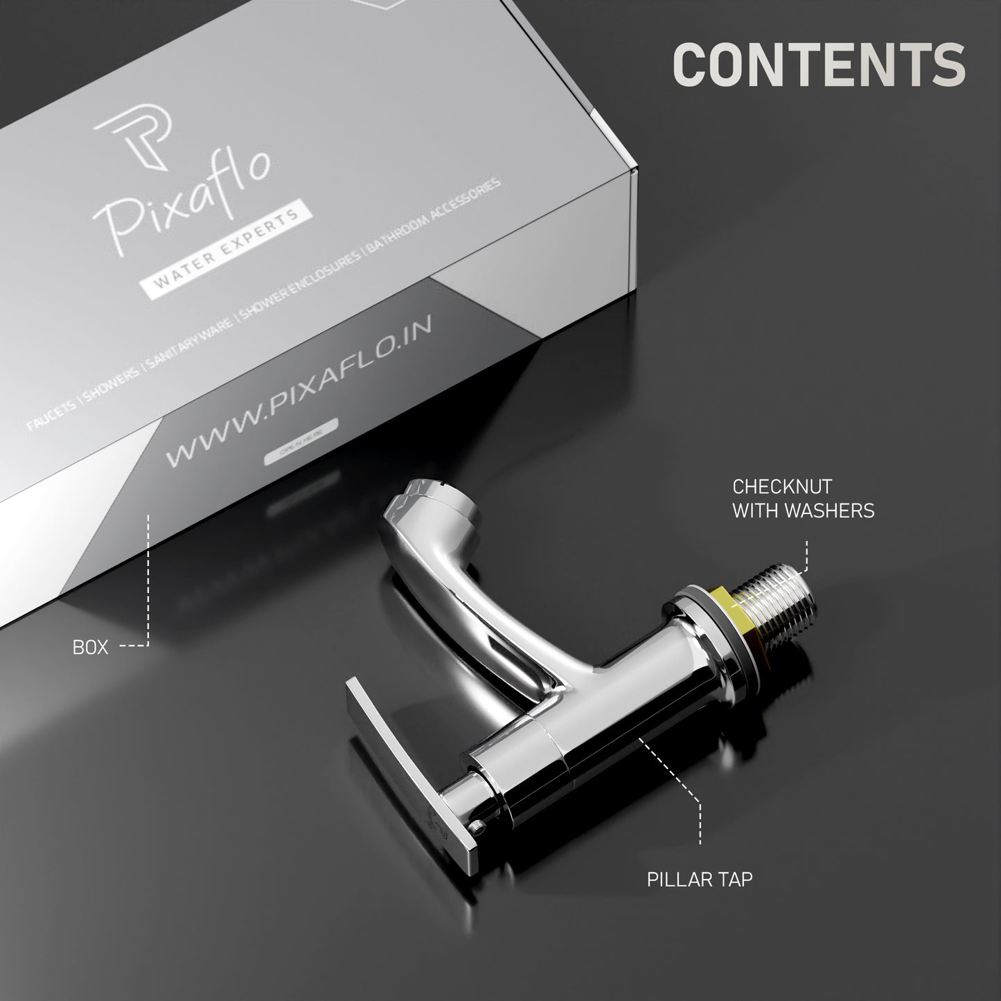 Pixaflo Moonstone Brass Pillar Tap for Wash Basin | Pillar Cock | Quarter-Turn | Ceramic Disc Cartridge | Foam Flow | Chrome Finish