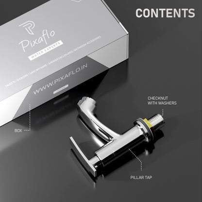 Pixaflo Moonstone Brass Pillar Tap for Wash Basin | Pillar Cock | Quarter-Turn | Ceramic Disc Cartridge | Foam Flow | Chrome Finish