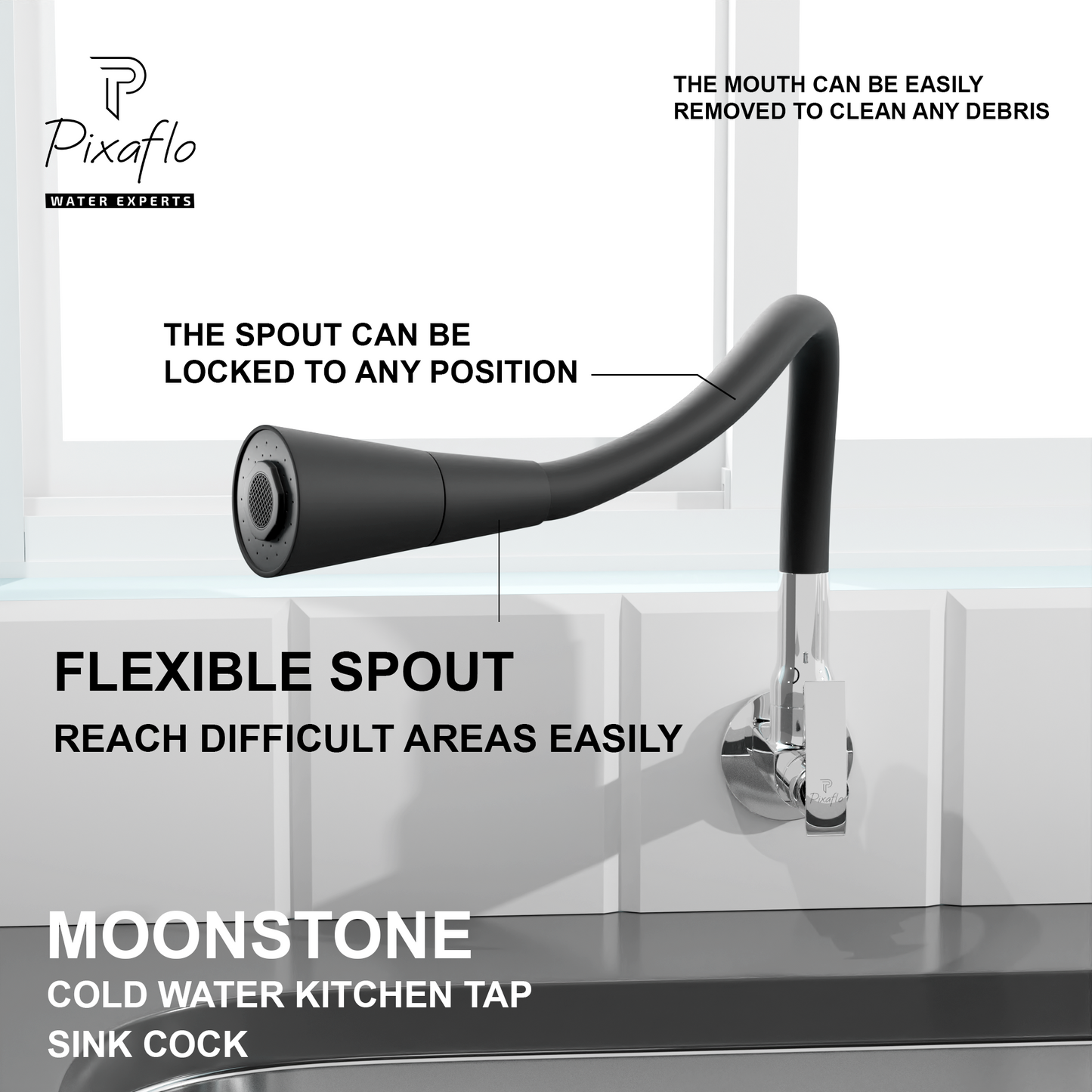 Pixaflo Moonstone Brass Sink Cock Tap with Wall Flange | with Black Dual Flow 360-degree Swivel Flexible Silicone Swivel Spout for Kitchen Sink | Wall Mounted
