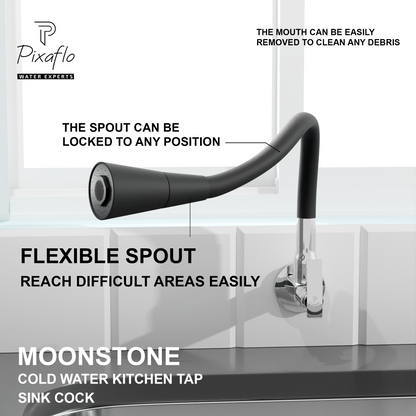 Pixaflo Moonstone Brass Sink Cock Tap with Wall Flange | with Black Dual Flow 360-degree Swivel Flexible Silicone Swivel Spout for Kitchen Sink | Wall Mounted