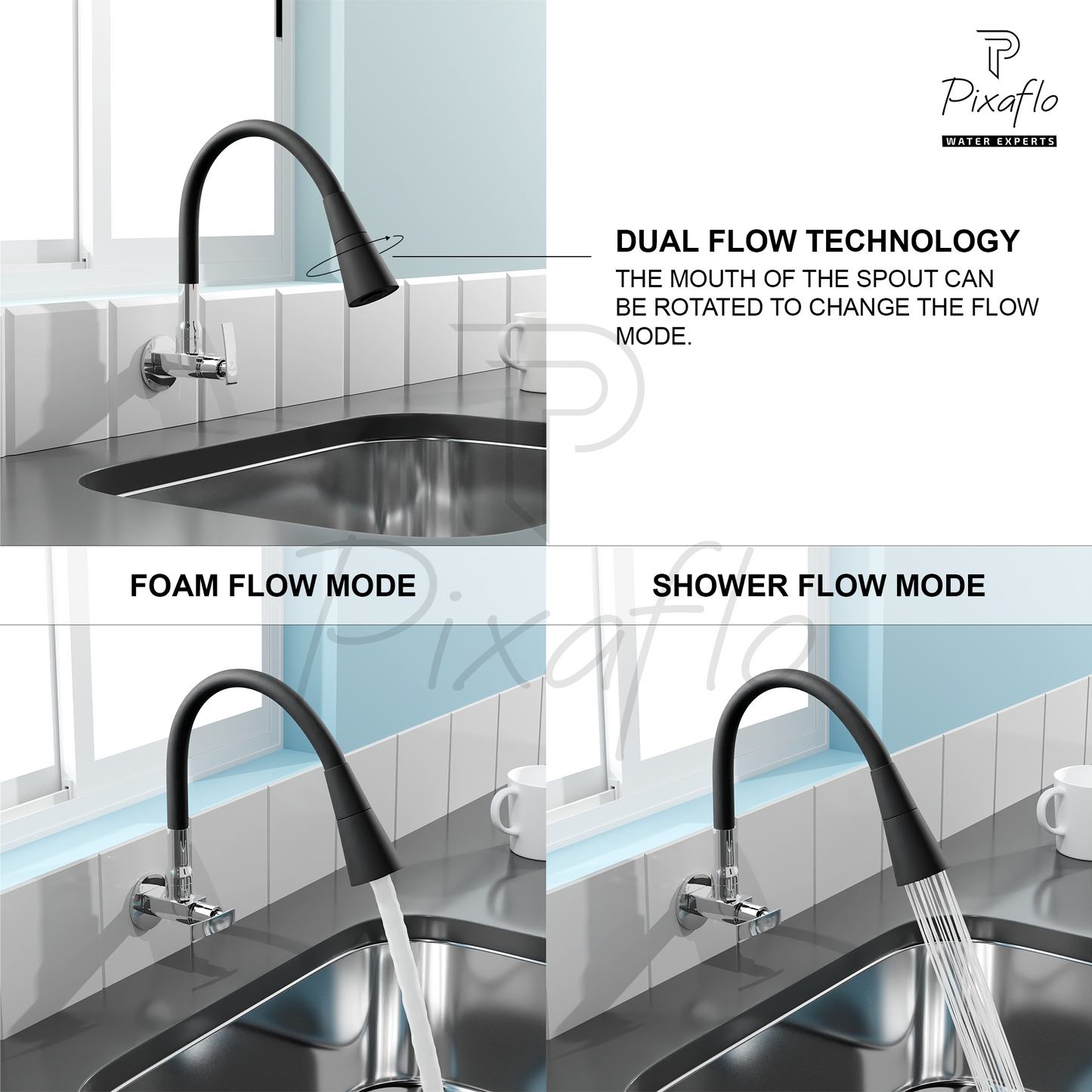 Pixaflo Moonstone Brass Sink Cock Tap with Wall Flange | with Black Dual Flow 360-degree Swivel Flexible Silicone Swivel Spout for Kitchen Sink | Wall Mounted