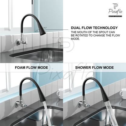 Pixaflo Moonstone Brass Sink Cock Tap with Wall Flange | with Black Dual Flow 360-degree Swivel Flexible Silicone Swivel Spout for Kitchen Sink | Wall Mounted