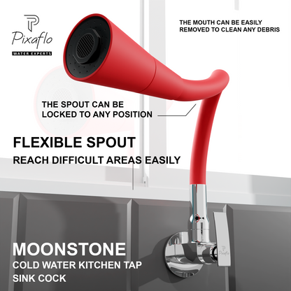 Pixaflo Moonstone Brass Sink Cock Tap with Wall Flange | with Red Dual Flow 360-degree Swivel Flexible Silicone Swivel Spout for Kitchen Sink | Wall Mounted