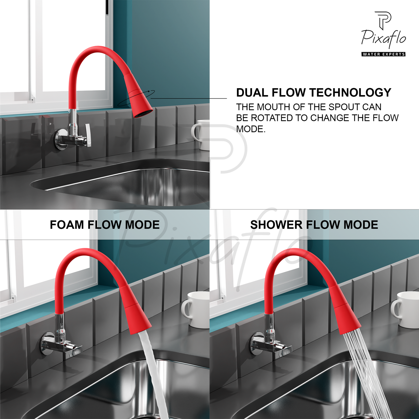 Pixaflo Moonstone Brass Sink Cock Tap with Wall Flange | with Red Dual Flow 360-degree Swivel Flexible Silicone Swivel Spout for Kitchen Sink | Wall Mounted