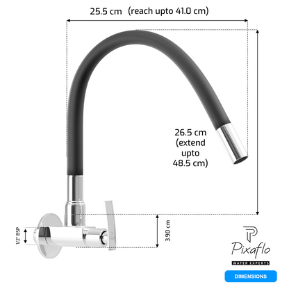 Pixaflo Moonstone Brass Sink Cock Tap with Wall Flange | with Black Foam Flow 360-degree Swivel Flexible Silicone Swivel Spout for Kitchen Sink | Wall Mounted