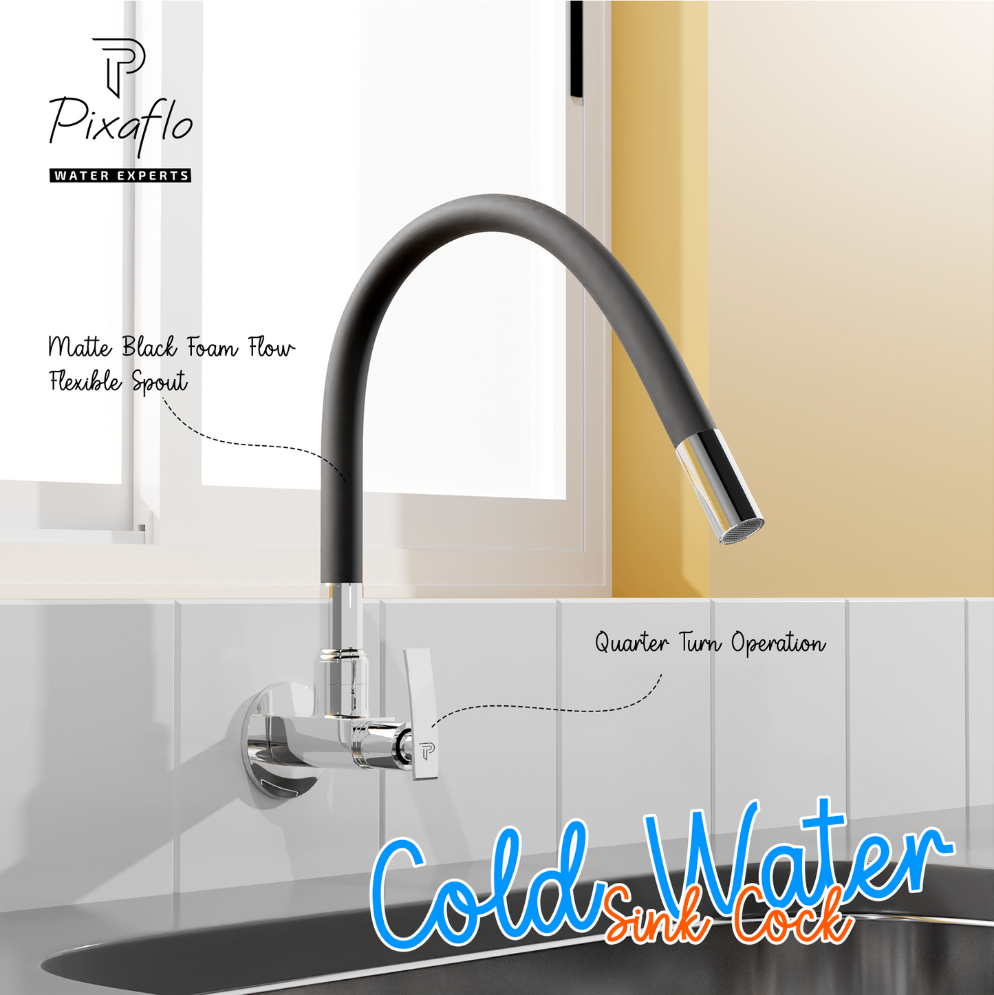 Pixaflo Moonstone Brass Sink Cock Tap with Wall Flange | with Black Foam Flow 360-degree Swivel Flexible Silicone Swivel Spout for Kitchen Sink | Wall Mounted