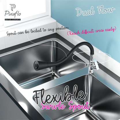Pixaflo Moonstone Brass Swan Neck Tap | with Black Dual Flow 360-degree Swivel Flexible Silicone Swivel Spout for Kitchen Sink and Wash Basin