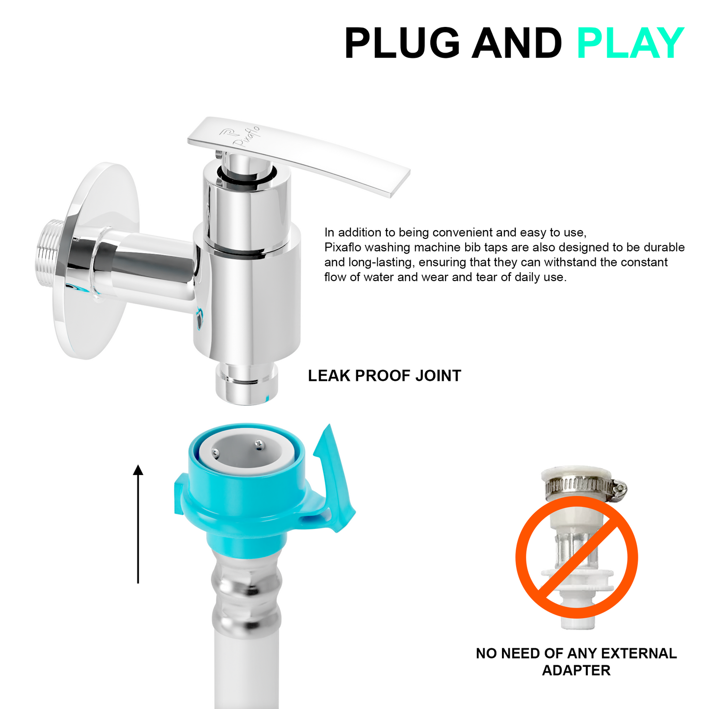 Pixaflo Moonstone Brass Washing Machine Tap with Wall Flange Combo | Chrome Finish | Pack of 2