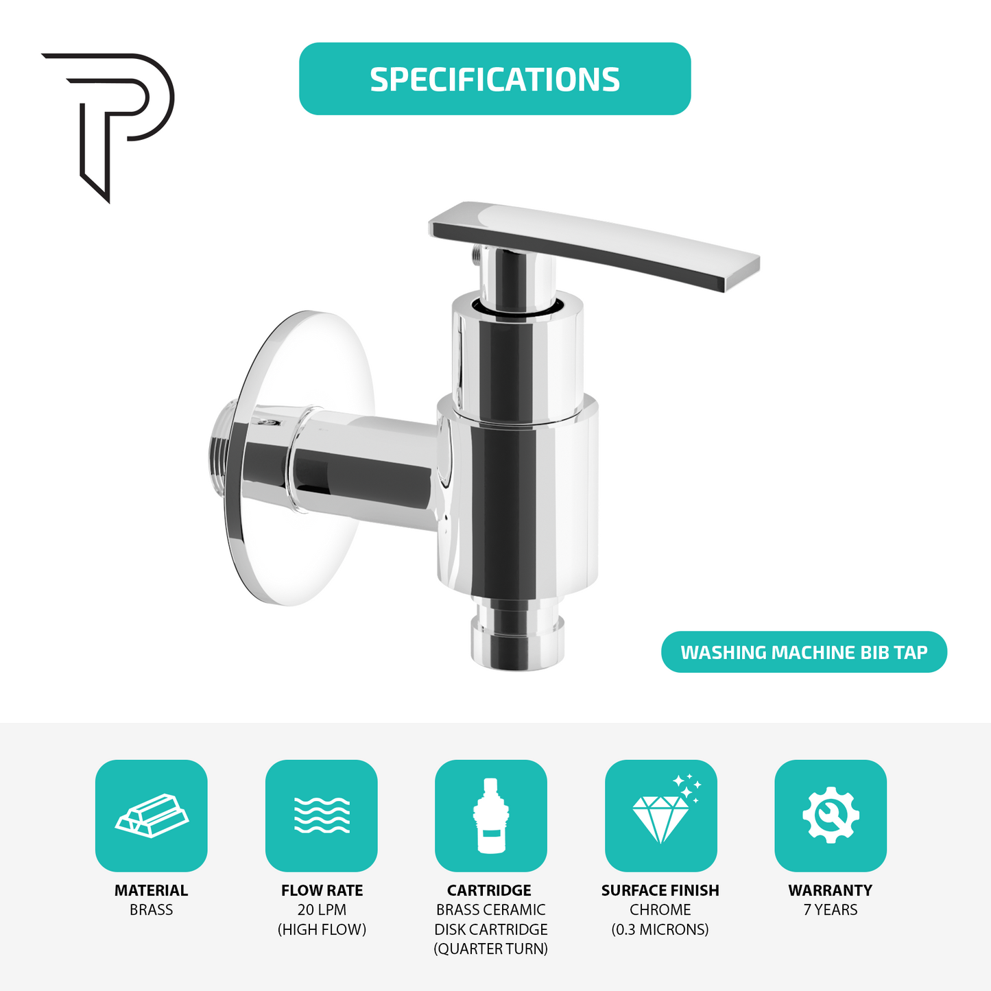 Pixaflo Moonstone Brass Washing Machine Tap with Wall Flange | Chrome Finish