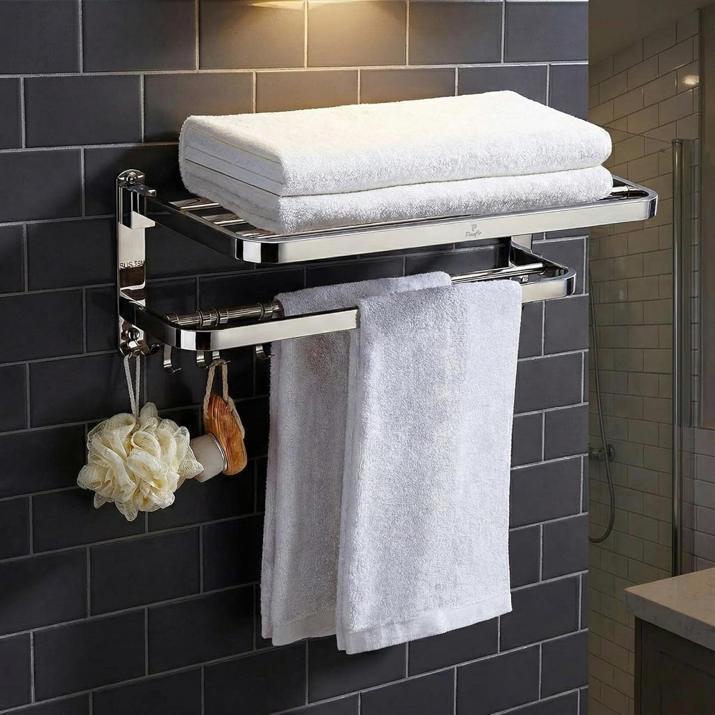 Pixaflo 24 Inch Folding Towel Rack for Bathroom | Stainless Steel Wall Mounted Towel Stand with Double Rod | Movable Hooks & Storage Shelf | 10Kg Load Capacity | Rustproof | Bathroom Accessories