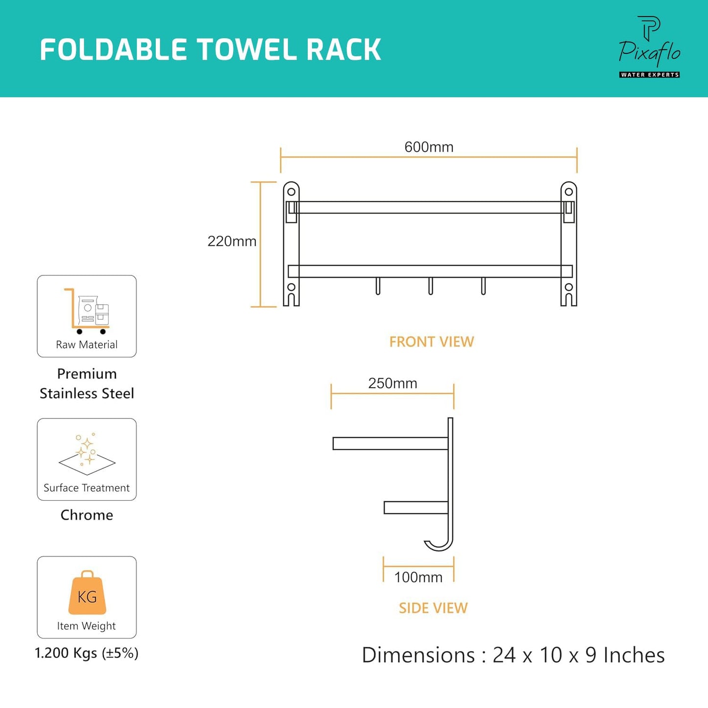 Pixaflo 24 Inch Folding Towel Rack for Bathroom | Stainless Steel Wall Mounted Towel Stand with Double Rod | Movable Hooks & Storage Shelf | 10Kg Load Capacity | Rustproof | Bathroom Accessories