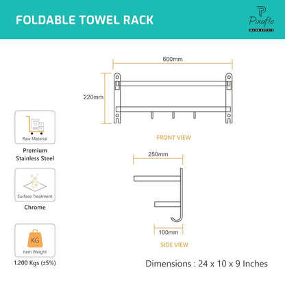 Pixaflo 24 Inch Folding Towel Rack for Bathroom | Stainless Steel Wall Mounted Towel Stand with Double Rod | Movable Hooks & Storage Shelf | 10Kg Load Capacity | Rustproof | Bathroom Accessories