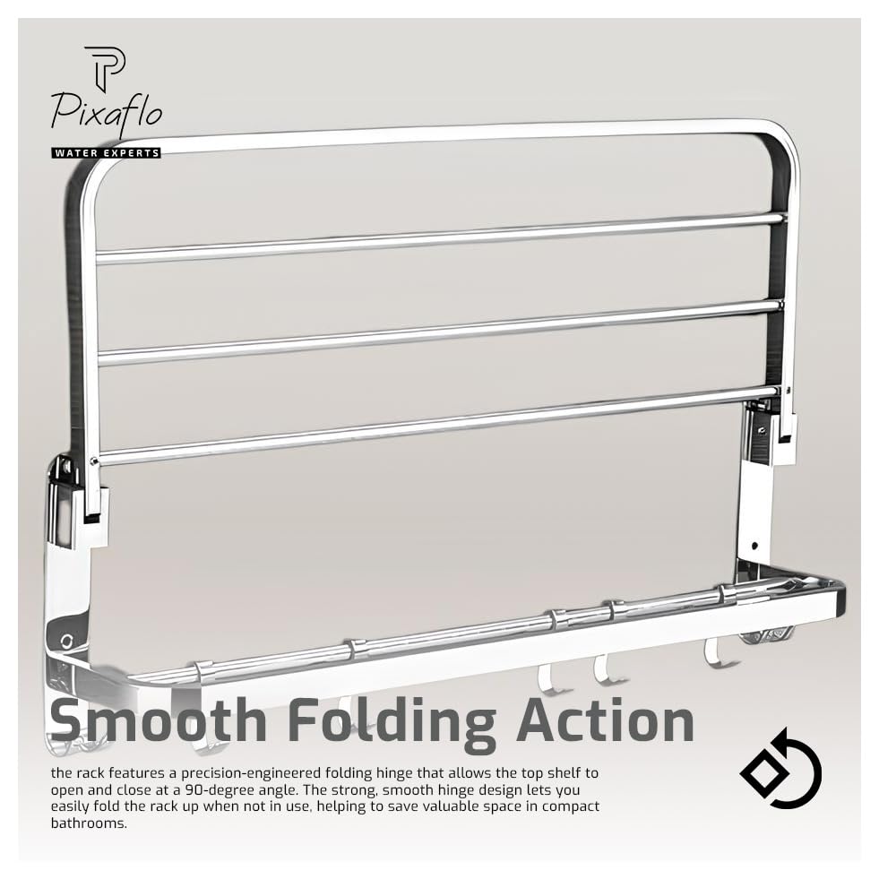 Pixaflo 24 Inch Folding Towel Rack for Bathroom | Stainless Steel Wall Mounted Towel Stand with Double Rod | Movable Hooks & Storage Shelf | 10Kg Load Capacity | Rustproof | Bathroom Accessories