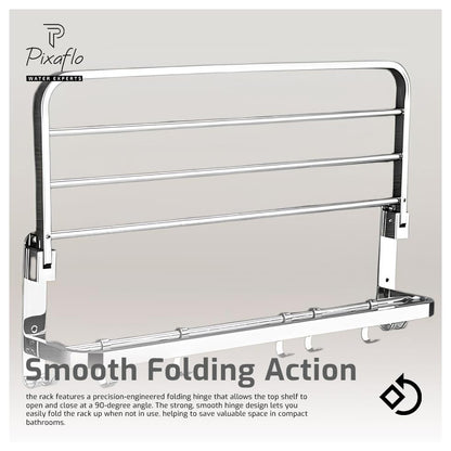 Pixaflo 24 Inch Folding Towel Rack for Bathroom | Stainless Steel Wall Mounted Towel Stand with Double Rod | Movable Hooks & Storage Shelf | 10Kg Load Capacity | Rustproof | Bathroom Accessories