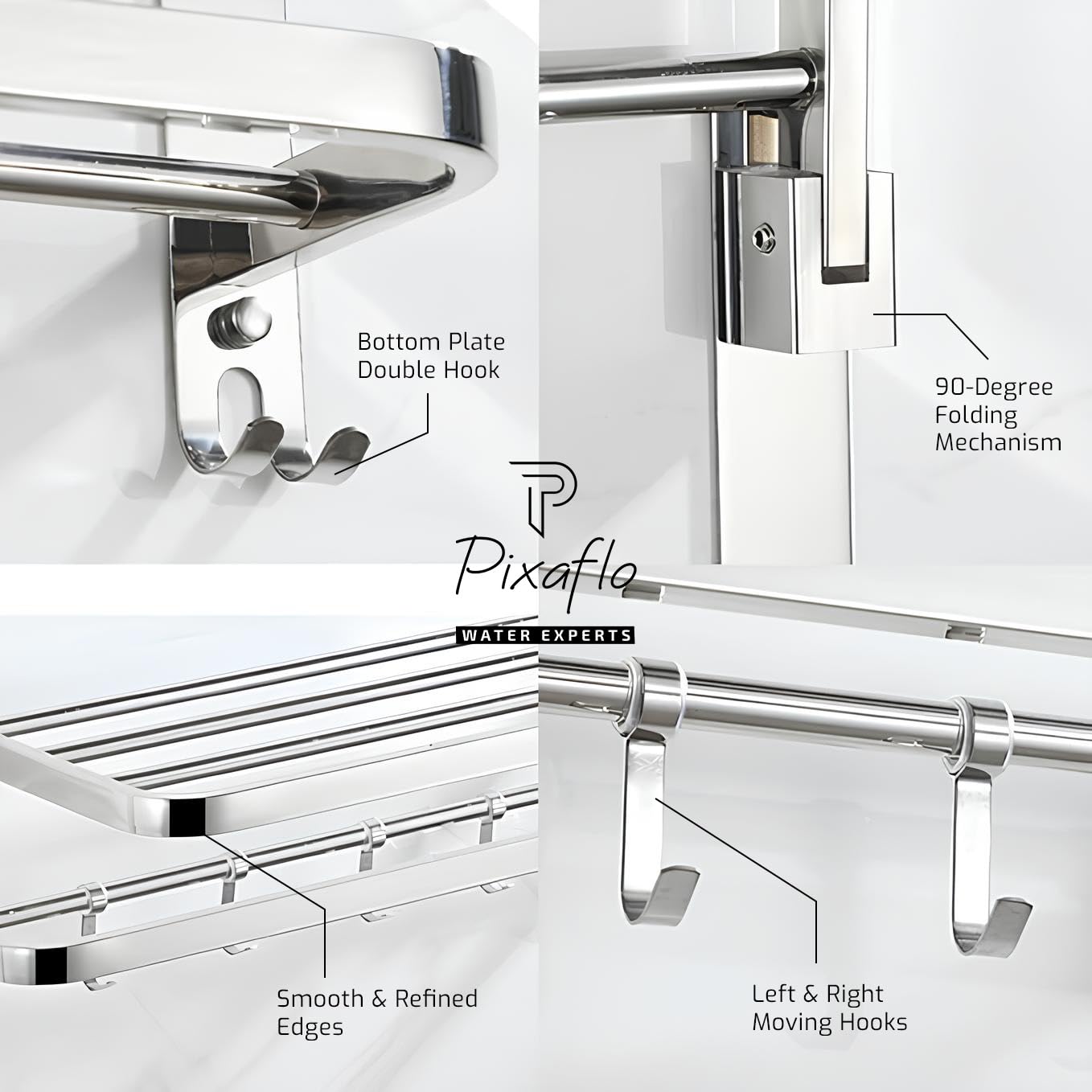 Pixaflo 24 Inch Folding Towel Rack for Bathroom | Stainless Steel Wall Mounted Towel Stand with Double Rod | Movable Hooks & Storage Shelf | 10Kg Load Capacity | Rustproof | Bathroom Accessories