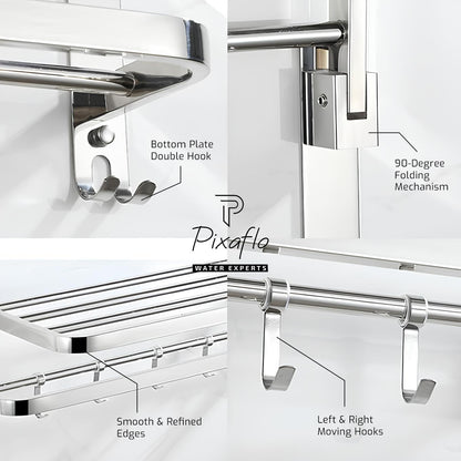 Pixaflo 24 Inch Folding Towel Rack for Bathroom | Stainless Steel Wall Mounted Towel Stand with Double Rod | Movable Hooks & Storage Shelf | 10Kg Load Capacity | Rustproof | Bathroom Accessories