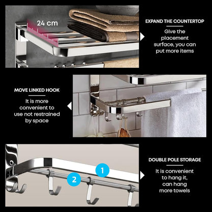 Pixaflo 24 Inch Folding Towel Rack for Bathroom | Stainless Steel Wall Mounted Towel Stand with Double Rod | Movable Hooks & Storage Shelf | 10Kg Load Capacity | Rustproof | Bathroom Accessories