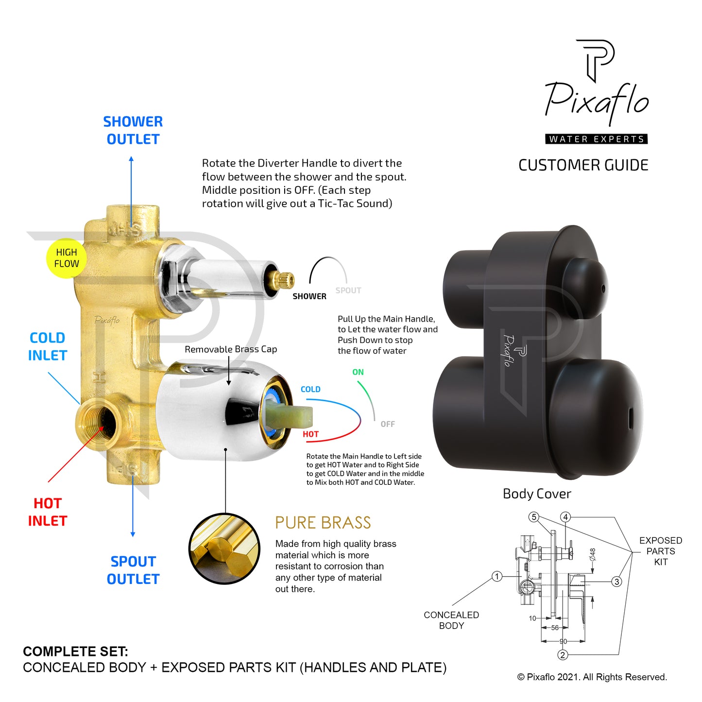 Pixaflo Brass Vocal High Flow Single Lever 4 Way / 2 Inlet Diverter | Tic-Tac | Complete Set | Bathroom Shower System | Bathroom Mixer | Chrome Finish