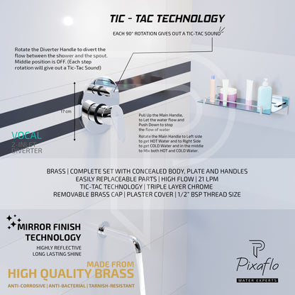 Pixaflo Brass Vocal High Flow Single Lever 4 Way / 2 Inlet Diverter | Tic-Tac | Complete Set | Bathroom Shower System | Bathroom Mixer | Chrome Finish